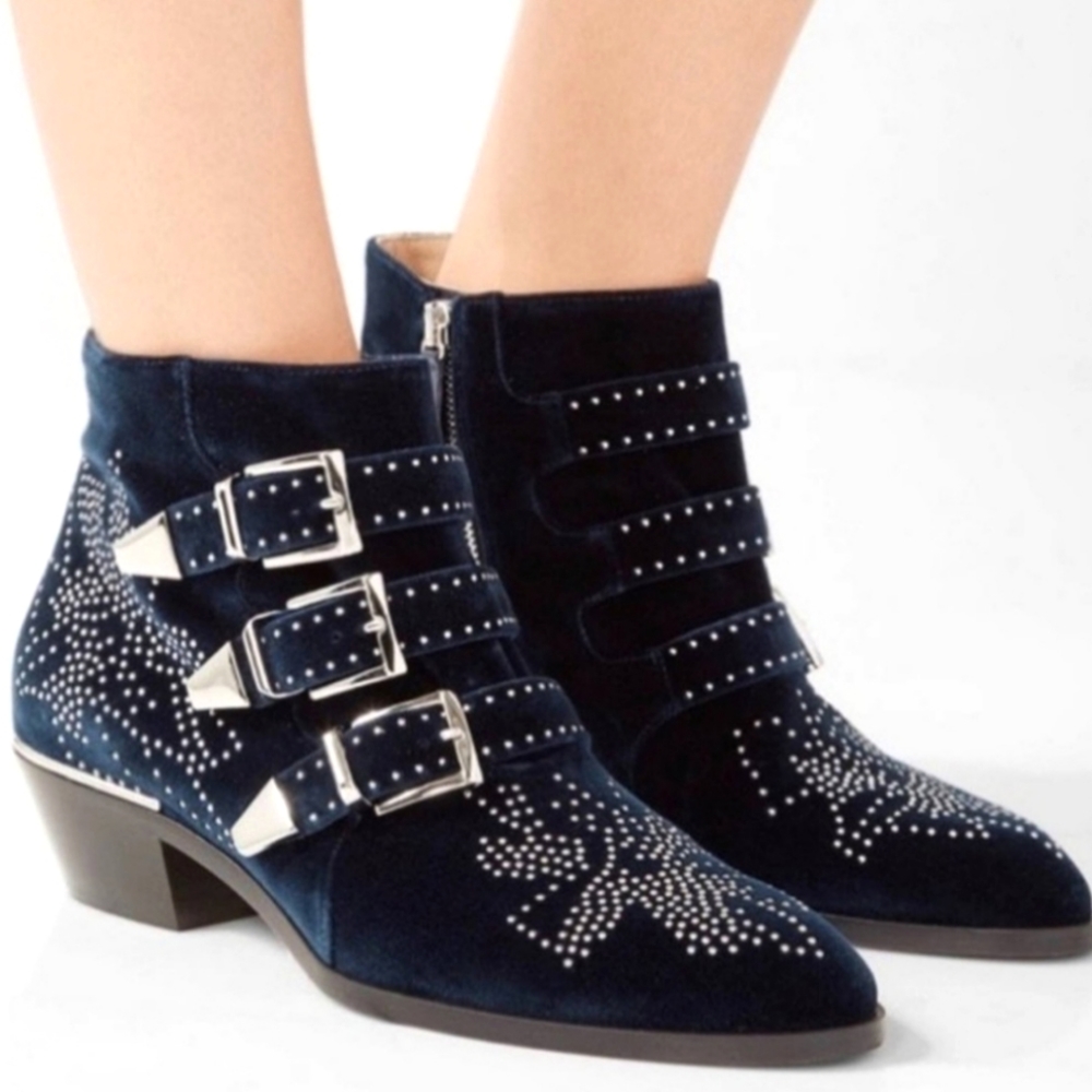 Chloe Susanna Blue Velvet Studded Western Booties 3 Strap Buckle sz 39